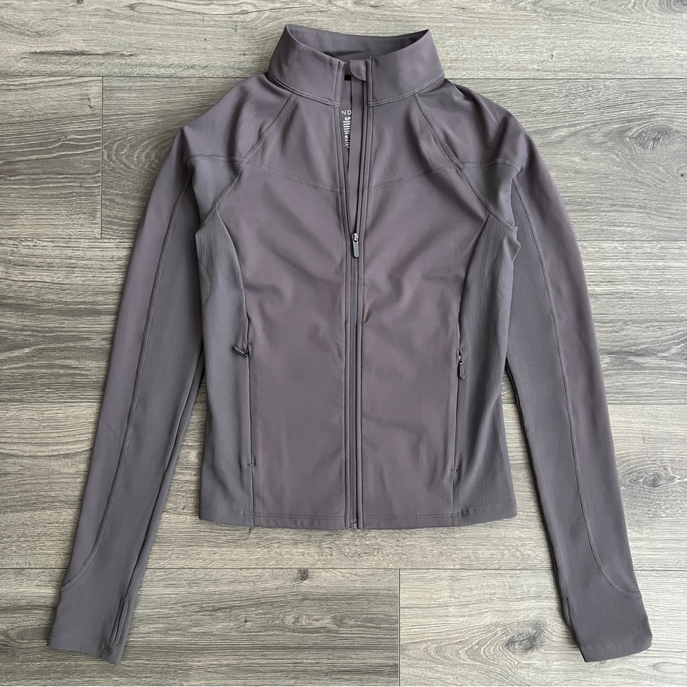 BANDIER Full Zip Jacket Small Rabbit Gray Ribbed Trim Thumbholes Activewear Gym
